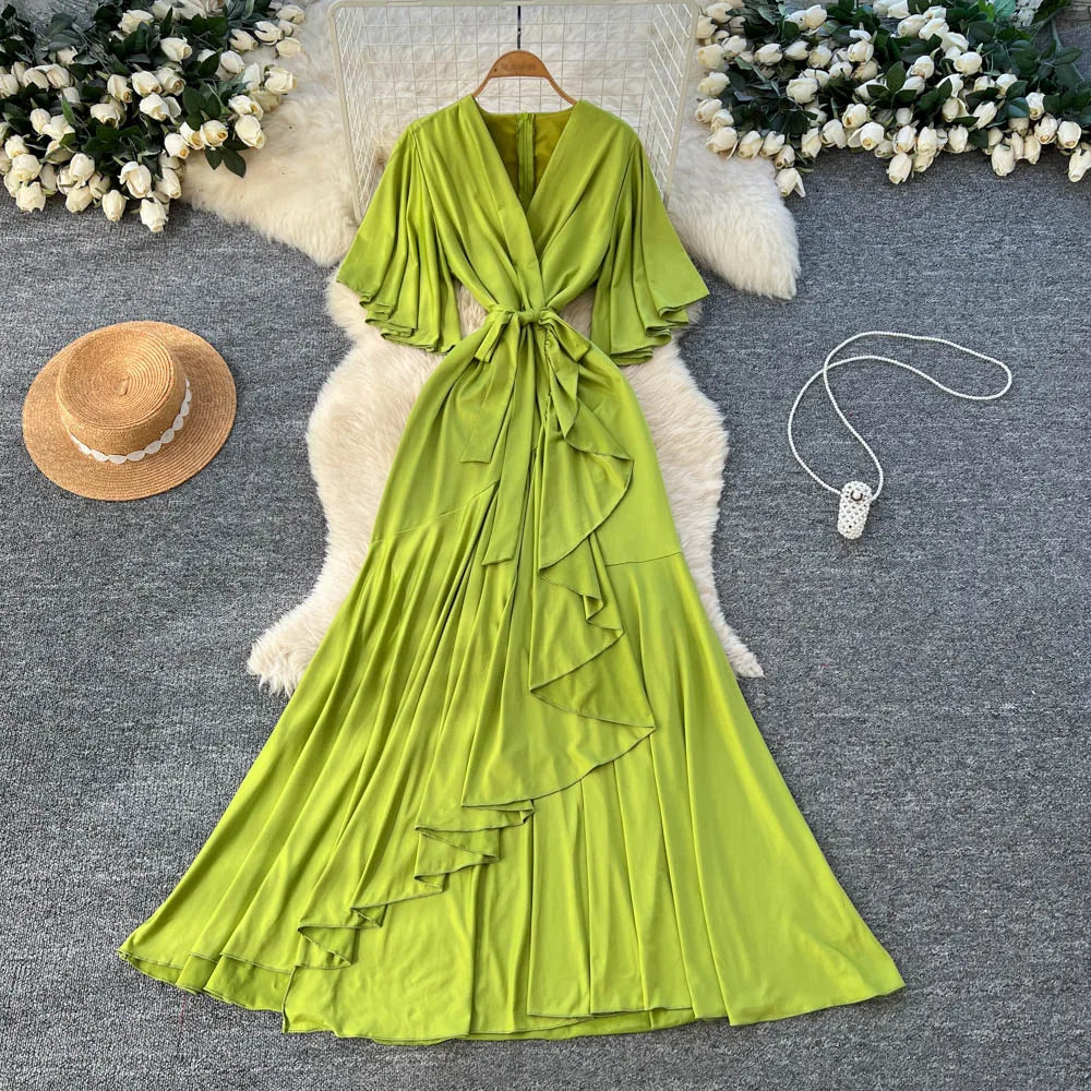 Asymmetrical V-Neck Slim Dress