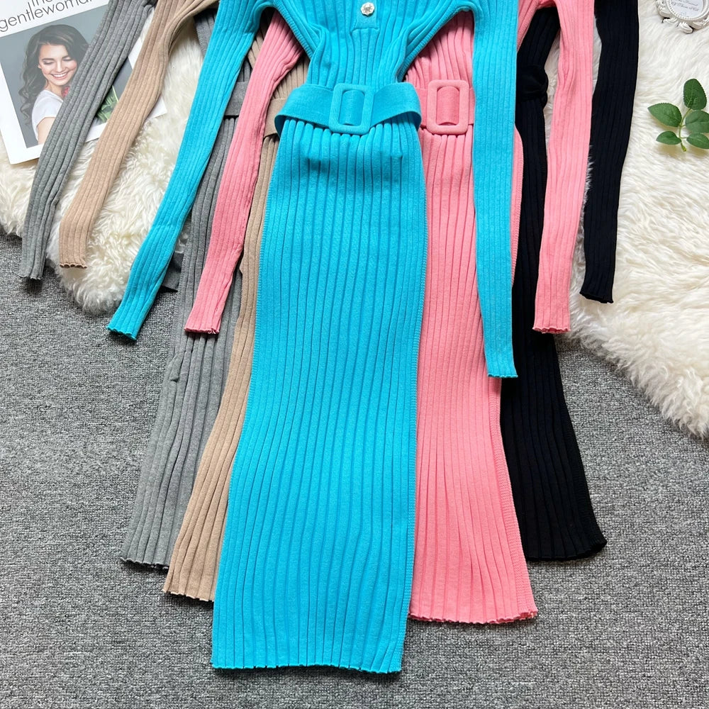 Belted Button V-Neck Knit Maxi Dress