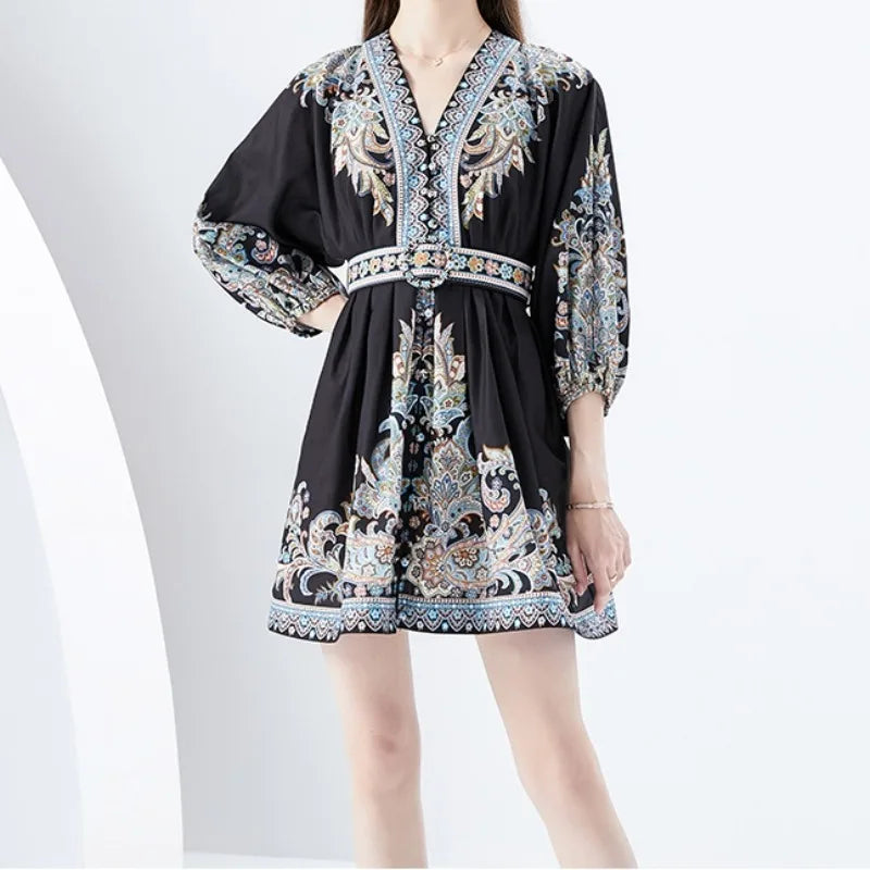 Belted Print Puff Sleeve Shirt Dress