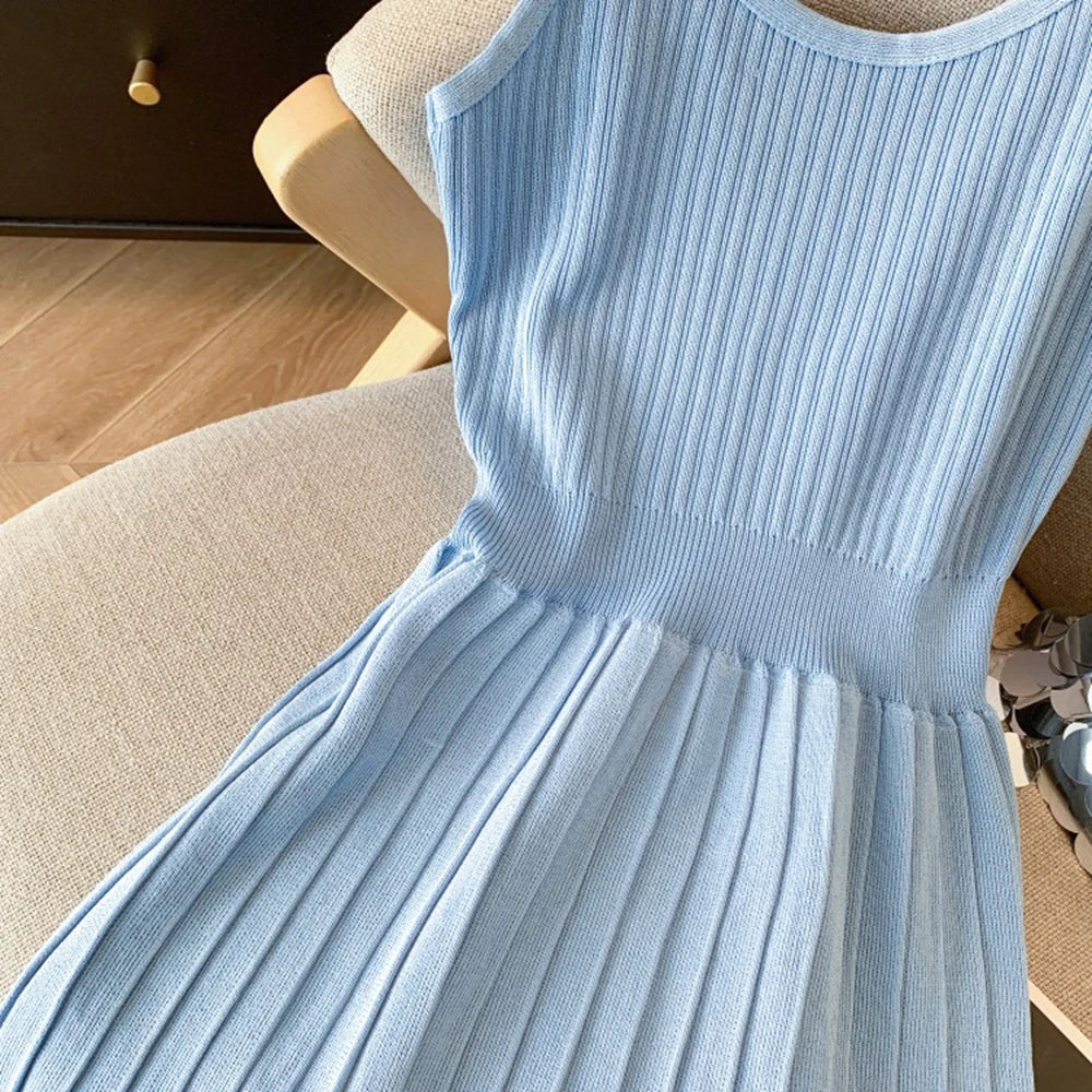 Pleated Knit Spaghetti Strap Mini Dress