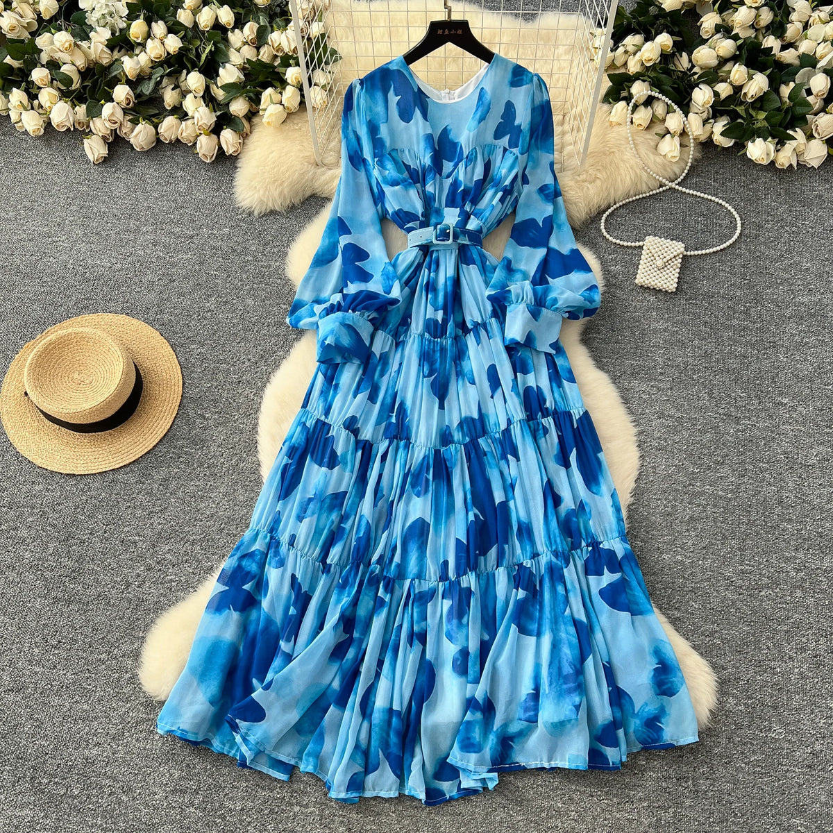 Print Lantern Sleeve Slim Party Dress