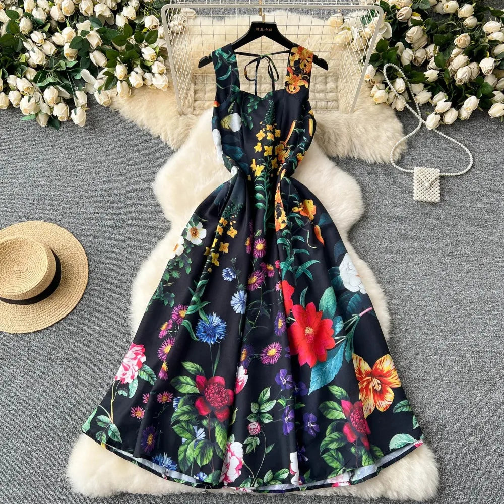 Vintage Print Square Neck A-Line Dress