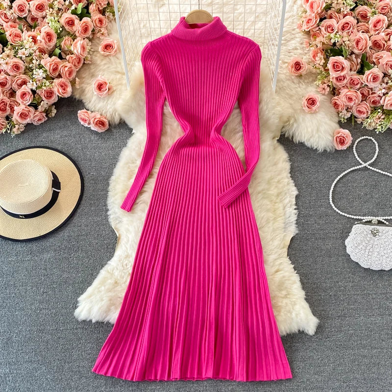 Turtleneck Knit A-Line Sweater Dress