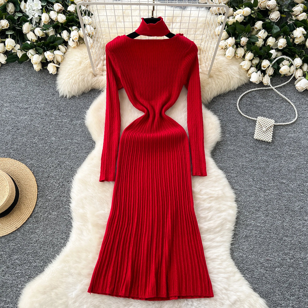 Textured Knit Pleated A-Line Dress