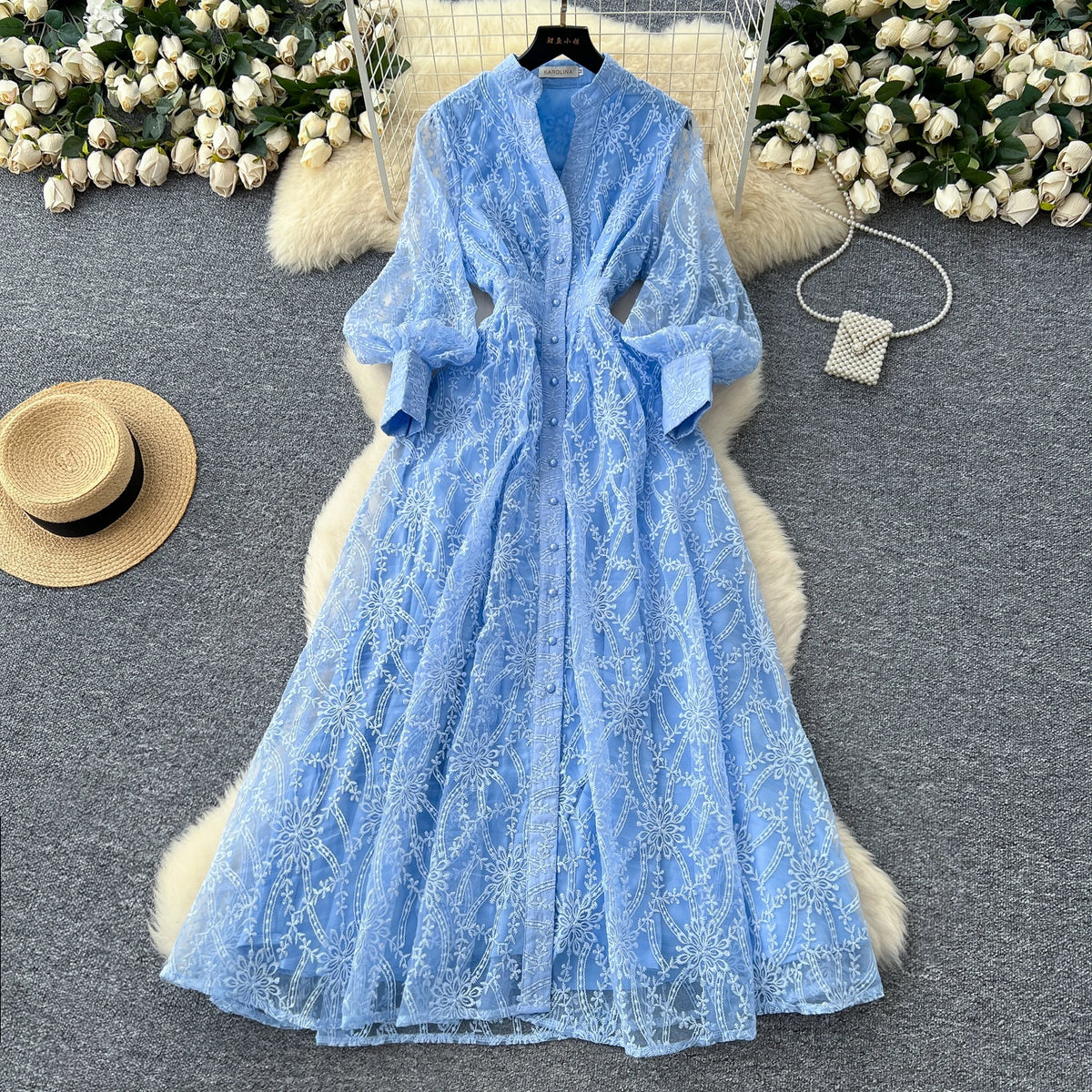 Embroidered Mesh Long Party Dress