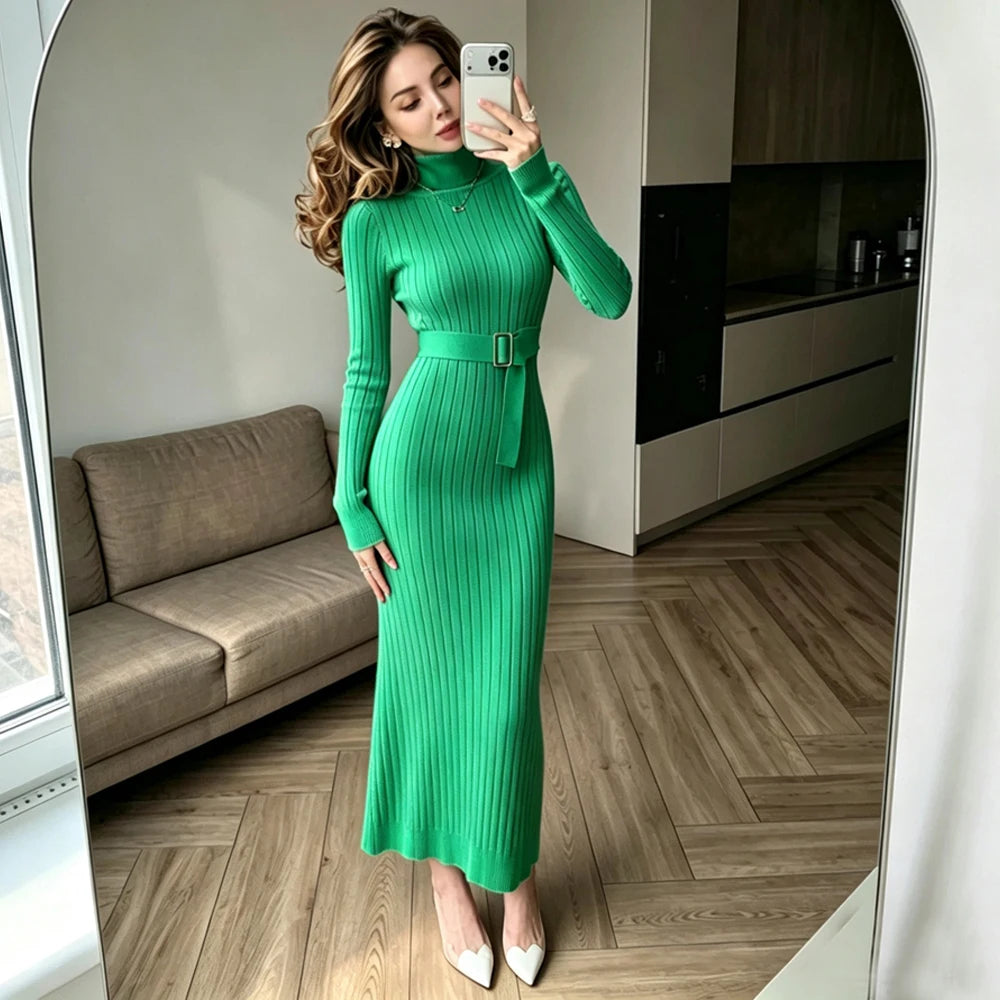 Belted Turtleneck Long Sleeve Maxi Sweater Dress
