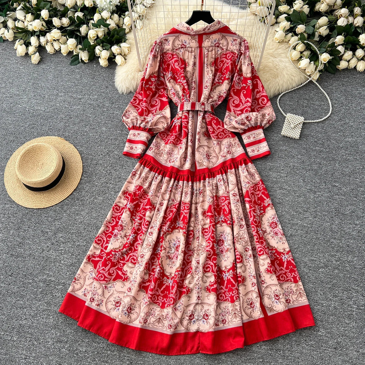 Print Single Breasted Puff Sleeve Dress