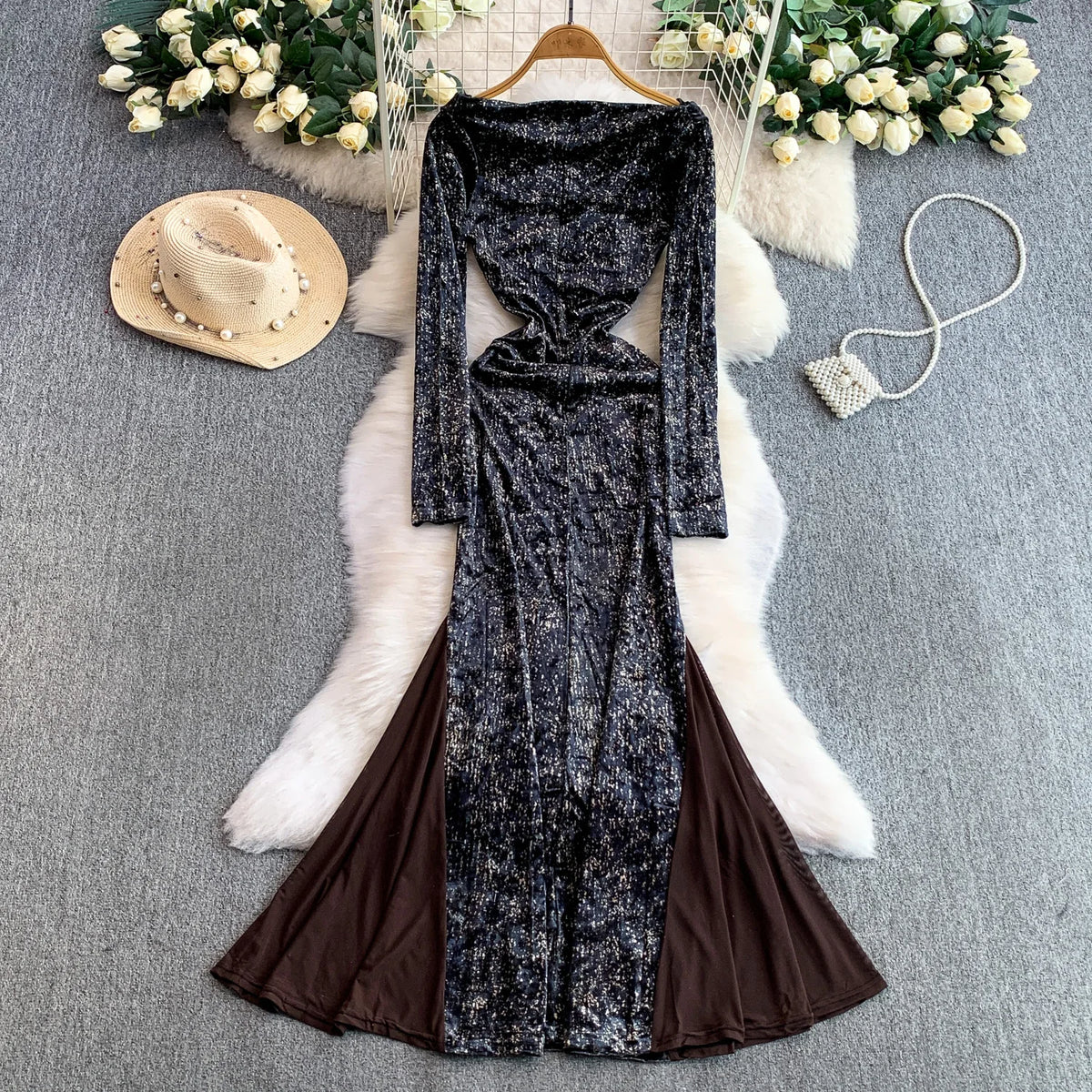 Print Draped Collar Long Sleeve Dress