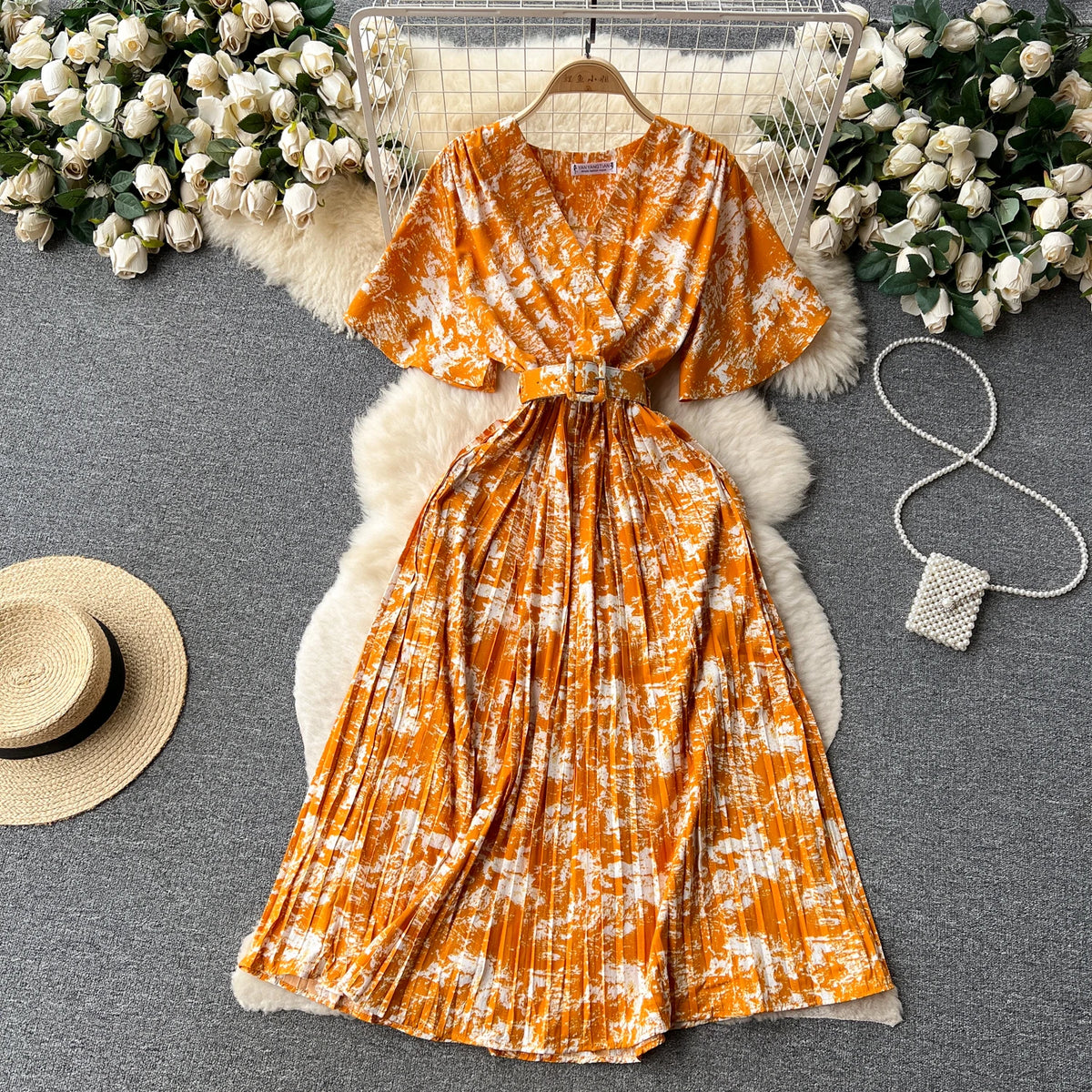 Tie Dye Chiffon V-Neck Dress