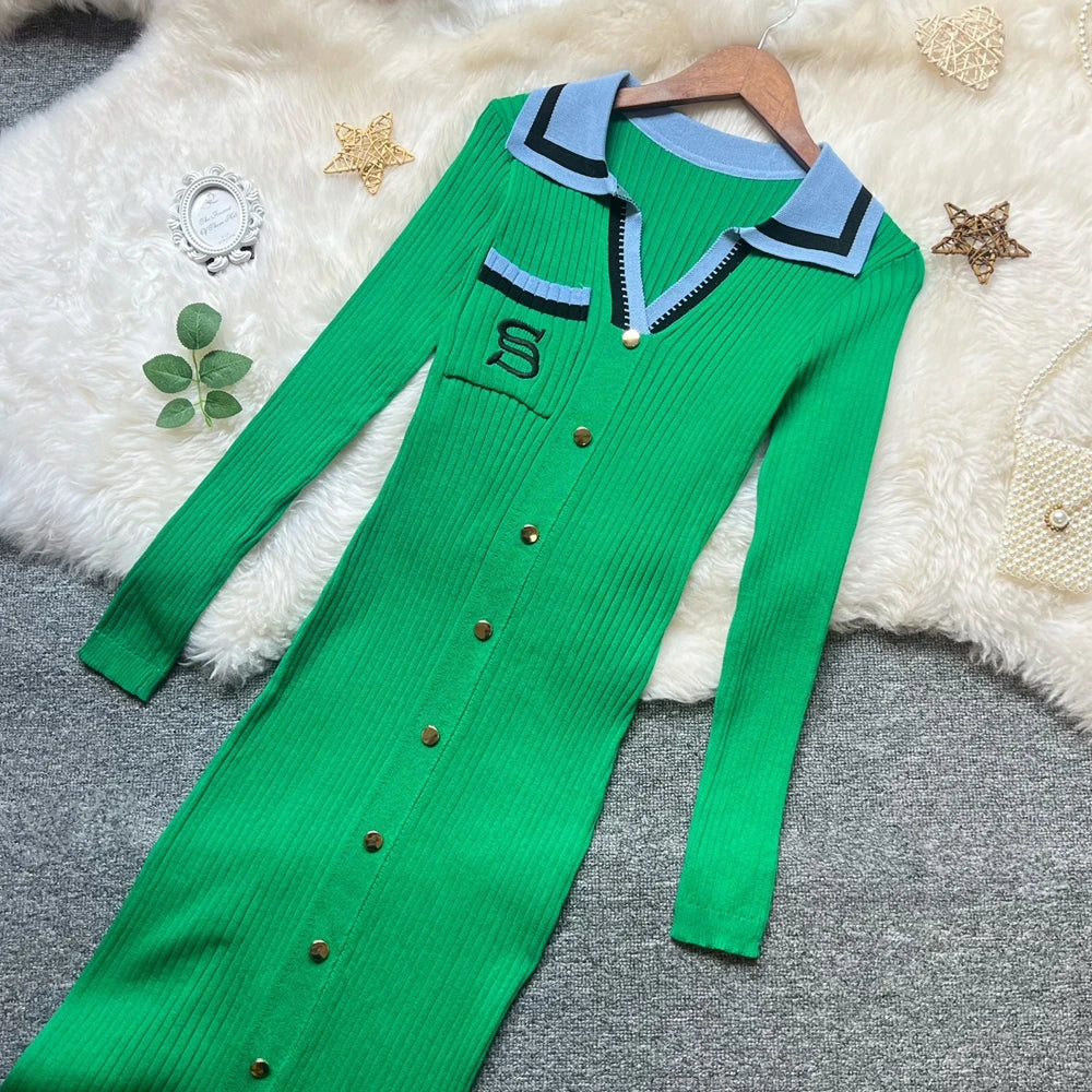 Embroidered Long Sleeve Knit Maxi Sweater Dress