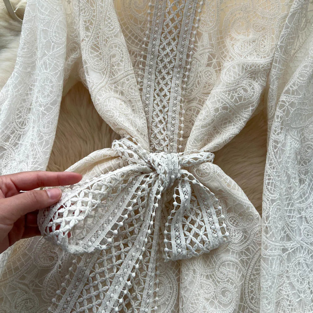 Lace Cutout Ruched Long Sleeve Dress