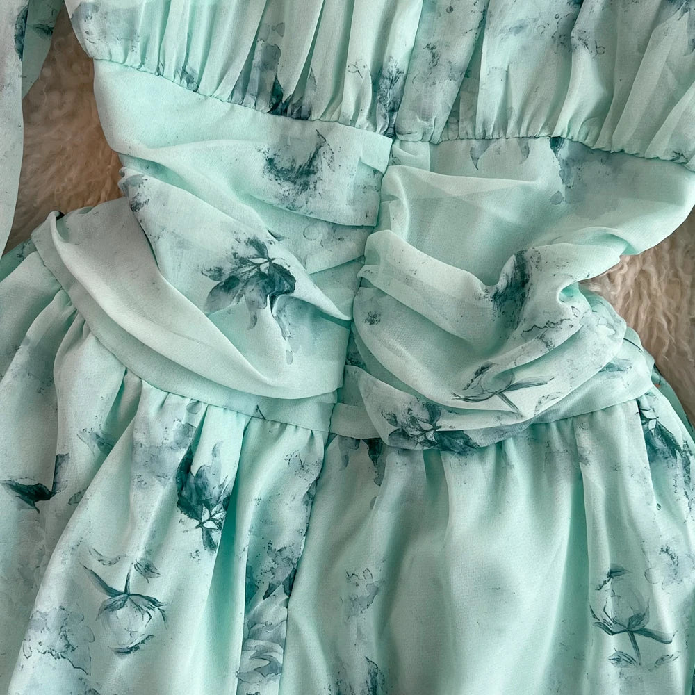 Print Mock Neck Lantern Sleeve A-Line Dress