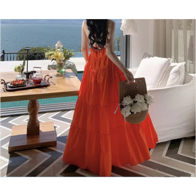 Orange Backless Pleated A-Line Slip Dress