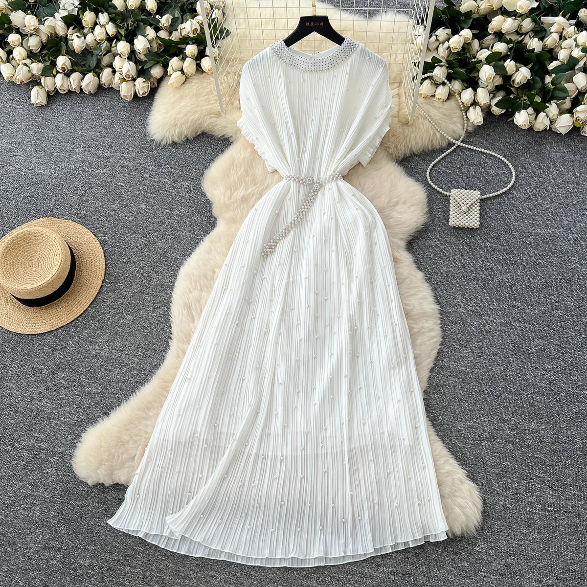 Beaded Chain Short Sleeve Slim Dress
