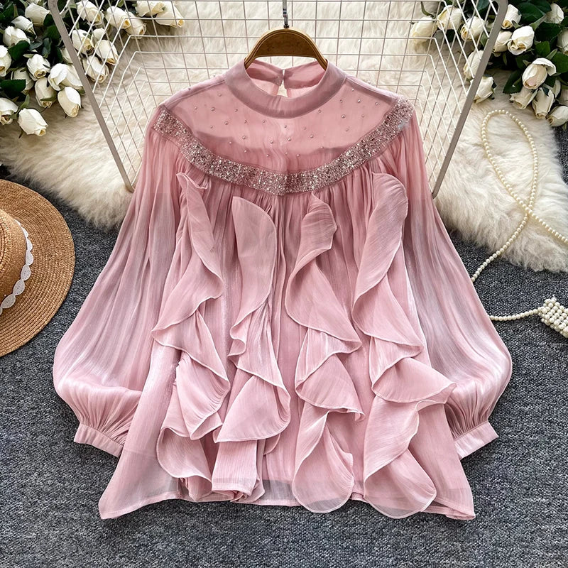 Lace Panel Ruffle Pullover Blouse
