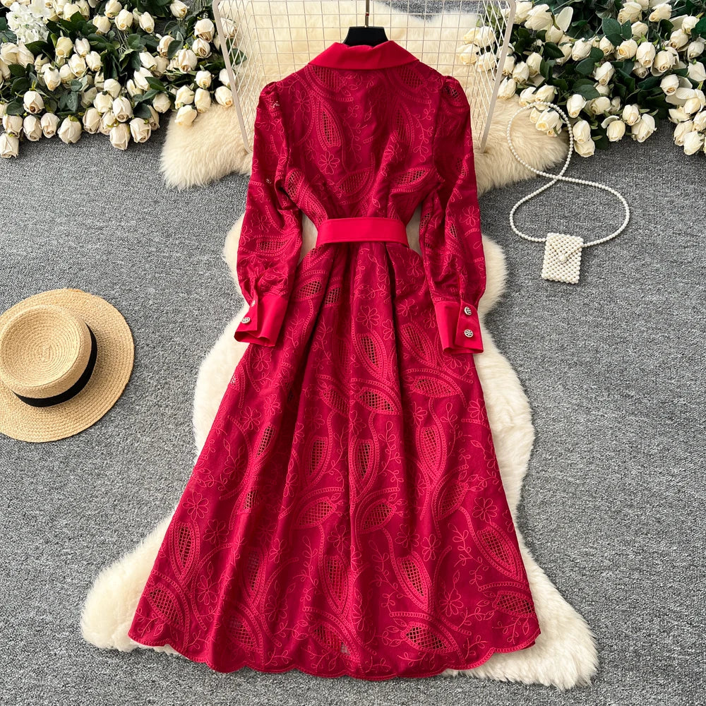 Hollow Out Button Pocket Long Sleeve Dress