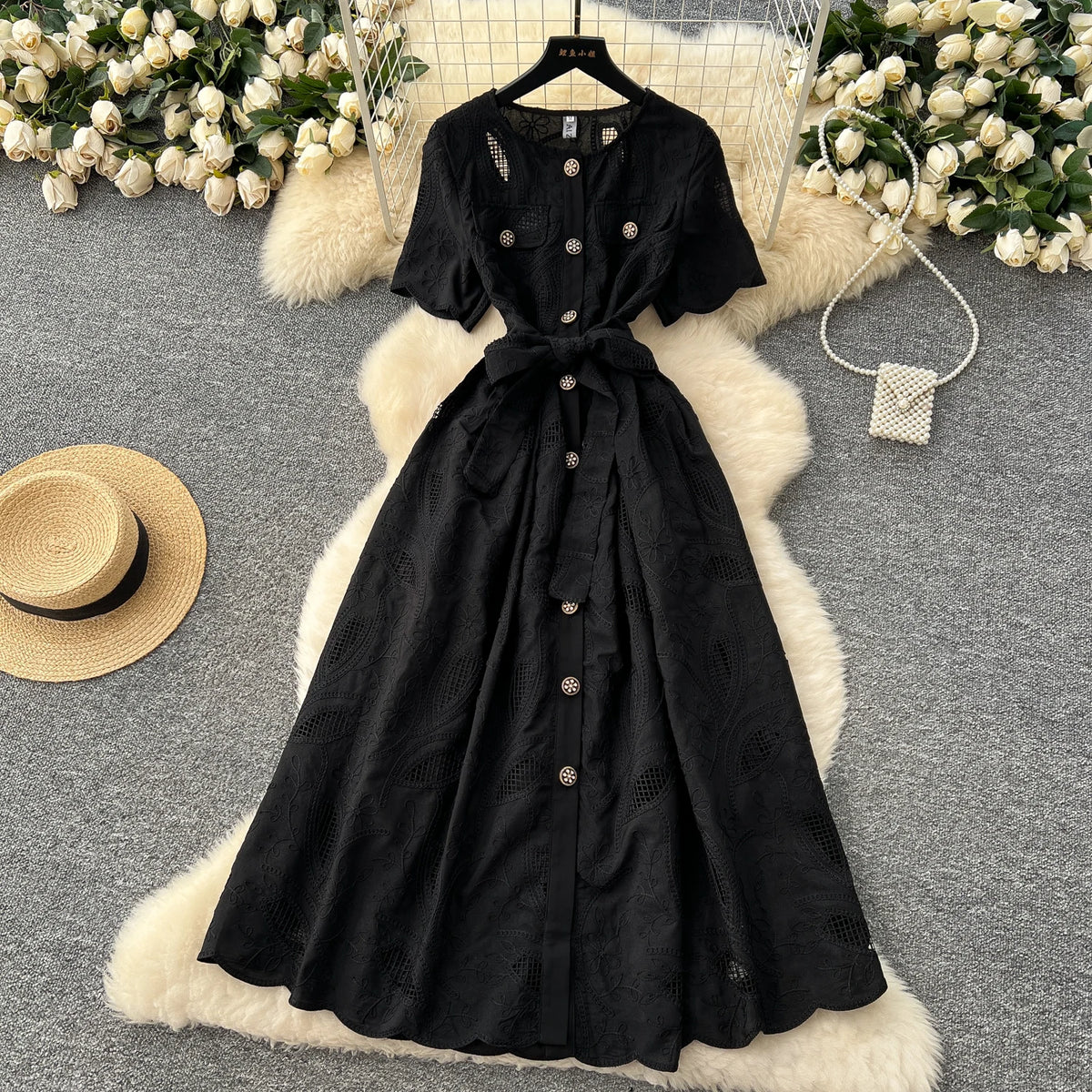 Single Breasted Lace-Up O-Neck Dress