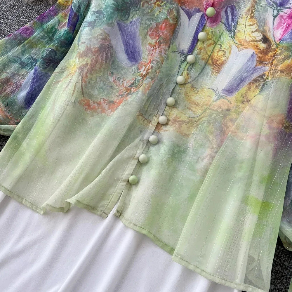 Print Chiffon Flare Sleeve V-Neck Maxi Dress