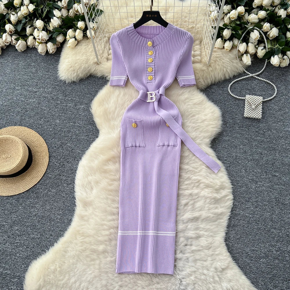 Belted Button Front Knit Maxi Dress