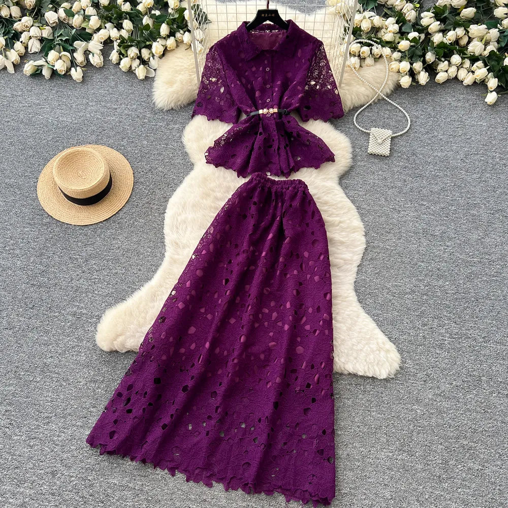 Lace Collared Top and A-Line Skirt Set