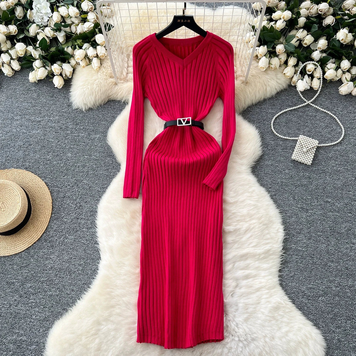 Ribbed Belted Knit Wrap Maxi Dress