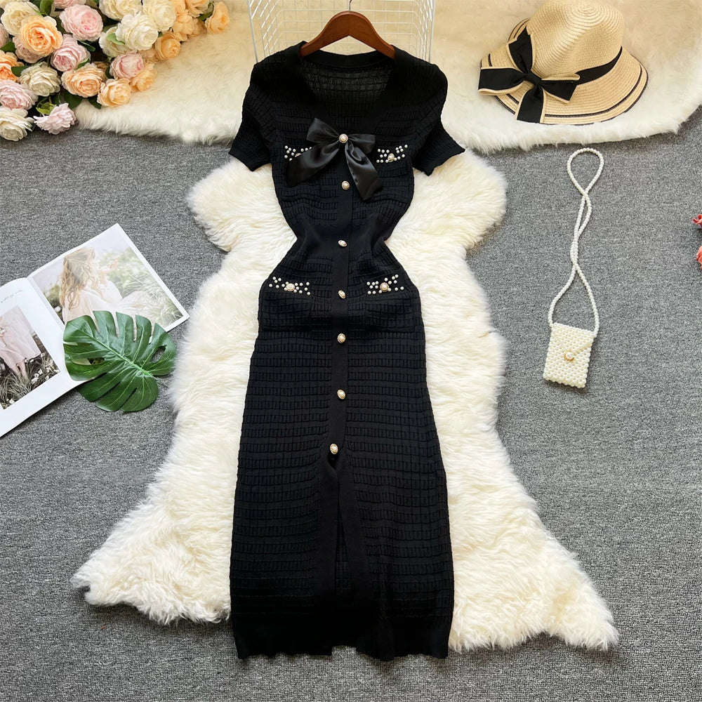 Pearl Button Knit Bodycon Dress