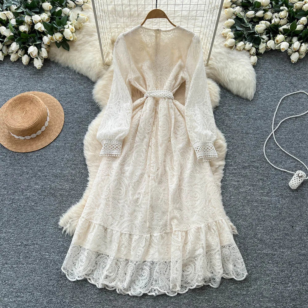 Lace Cutout Ruched Long Sleeve Dress