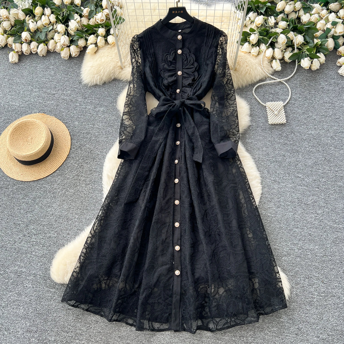 Embroidered Mesh Button Slim Dress