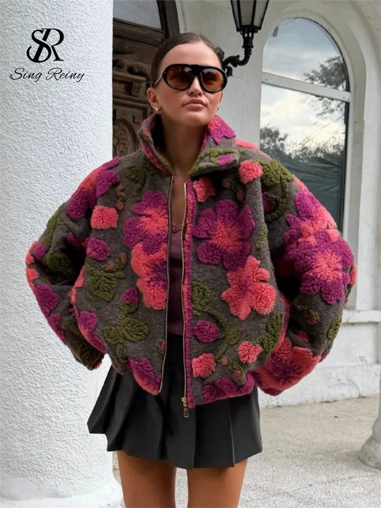 Floral Fleece Zip Collared Jacket