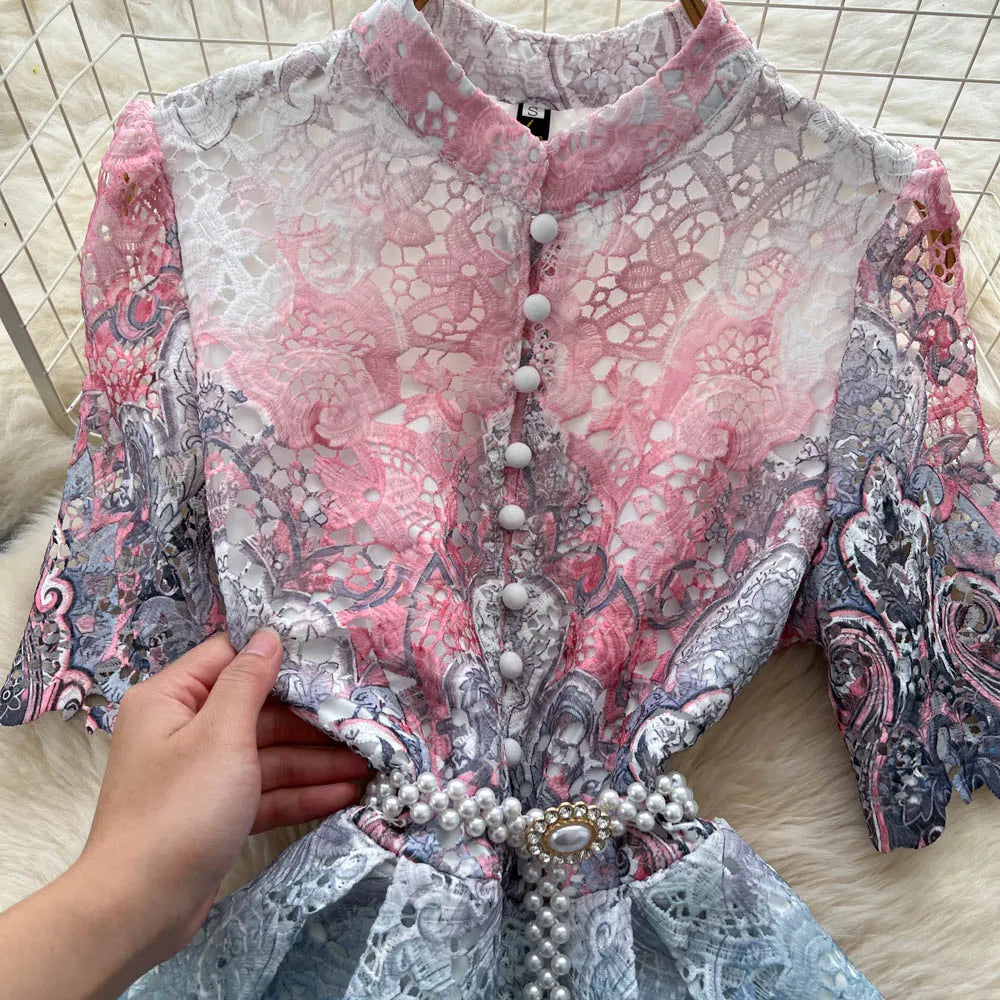 Lace Print Short Sleeve Party Dress