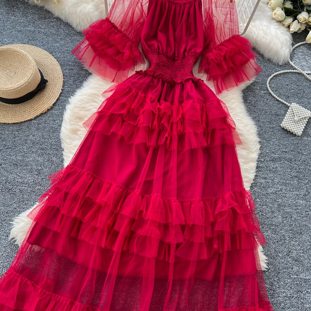 Pleated Mesh Flare Sleeve Dress