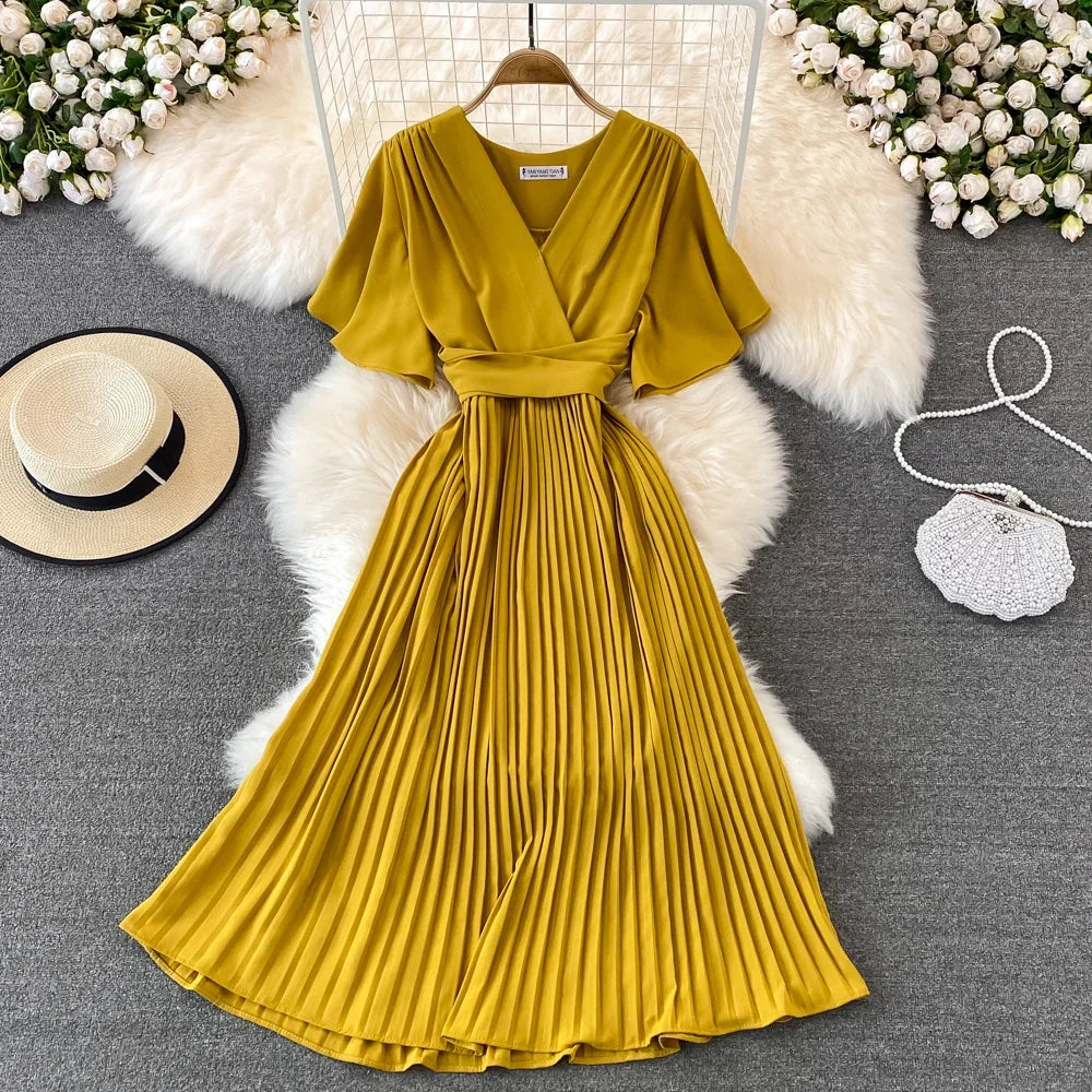 Pleated Lace-Up V-Neck A-Line Sundress