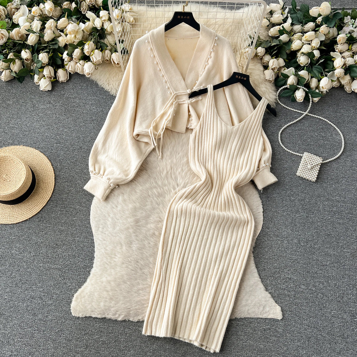 Long Sleeve Pencil Dress Two-Piece Set