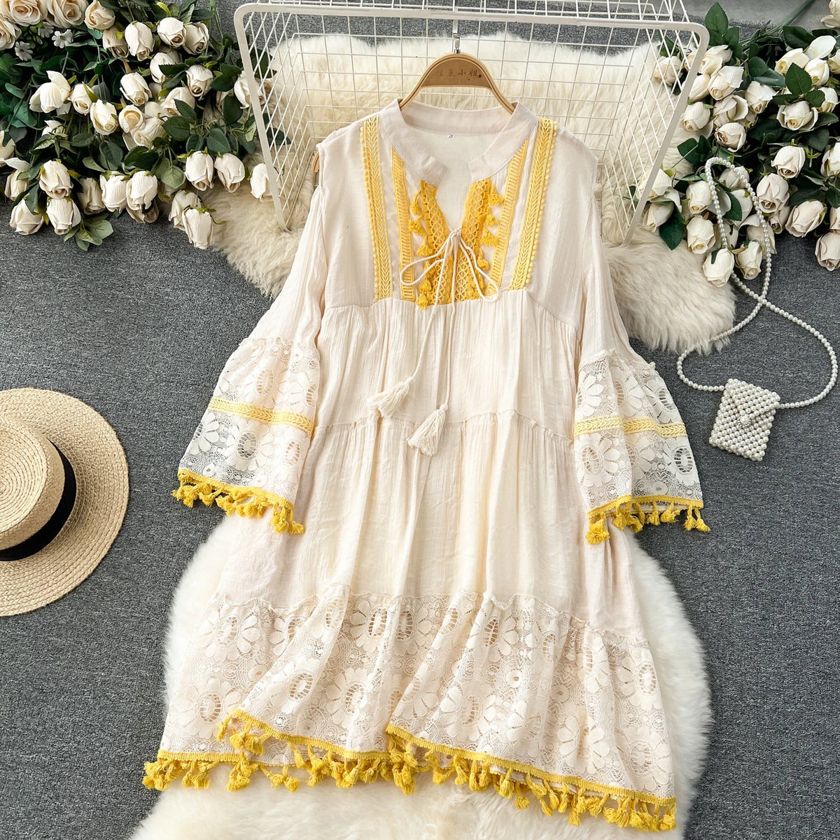 Lace Tassel Flare Sleeve V-Neck Dress