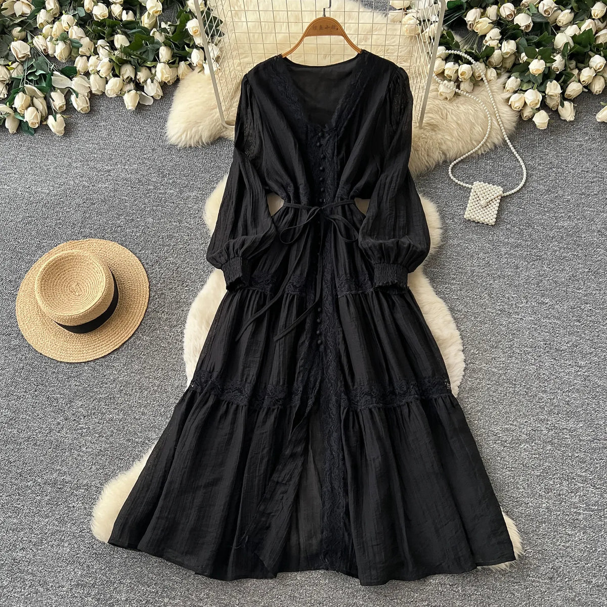 Lace V-Neck High Waist A-Line Dress