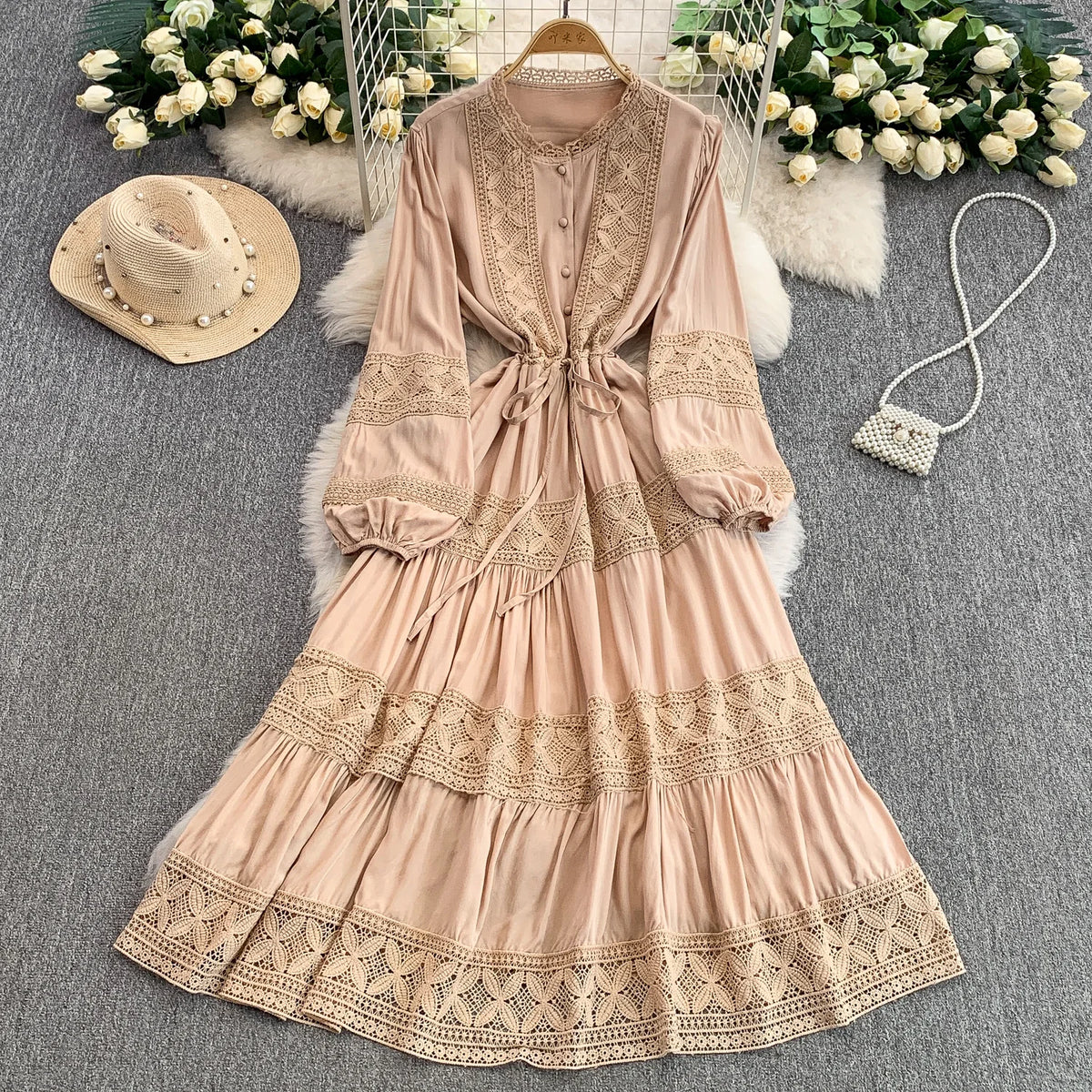 Lace Single Breasted O-Neck A-Line Dress