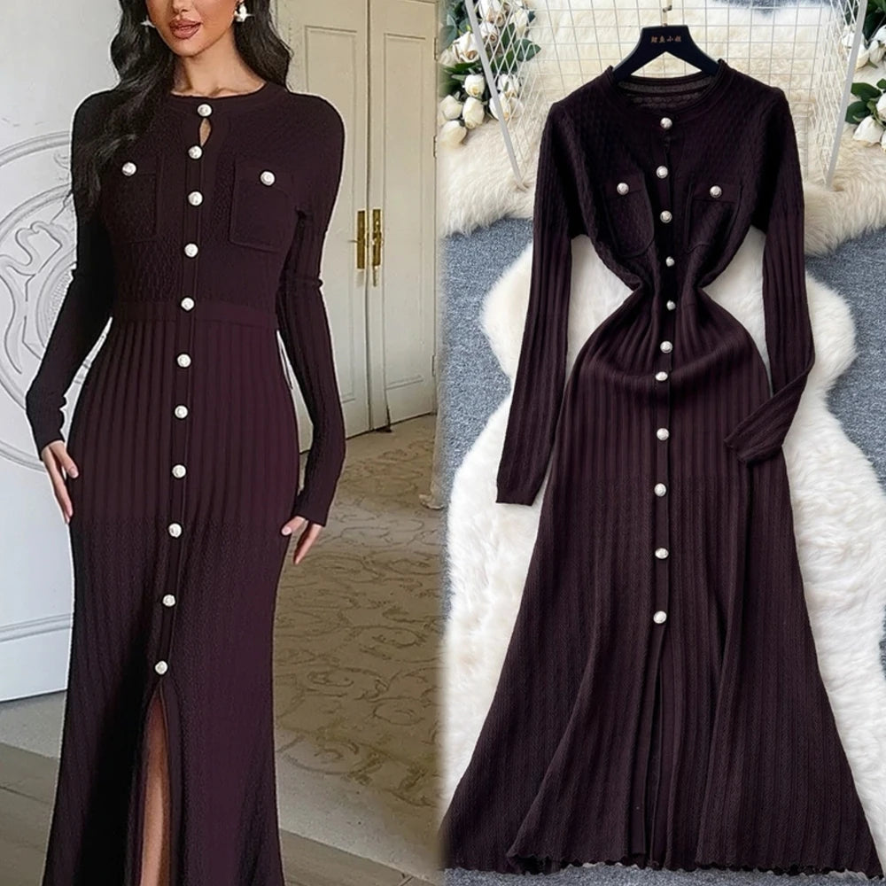 Button Front Knit Maxi Sweater Dress