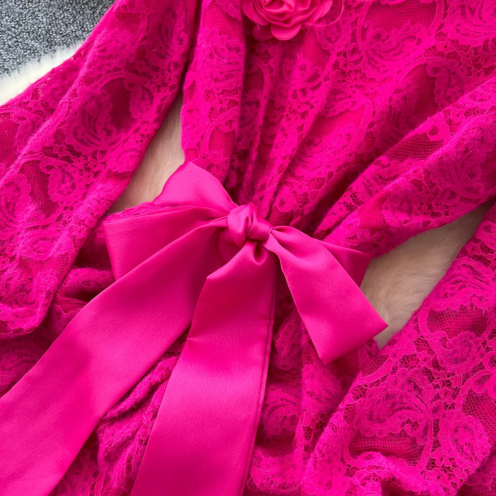 Split V-Neck Lantern Sleeve Dress