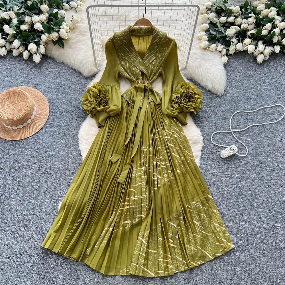 3D Floral Ruched Long Sleeve A-Line Dress
