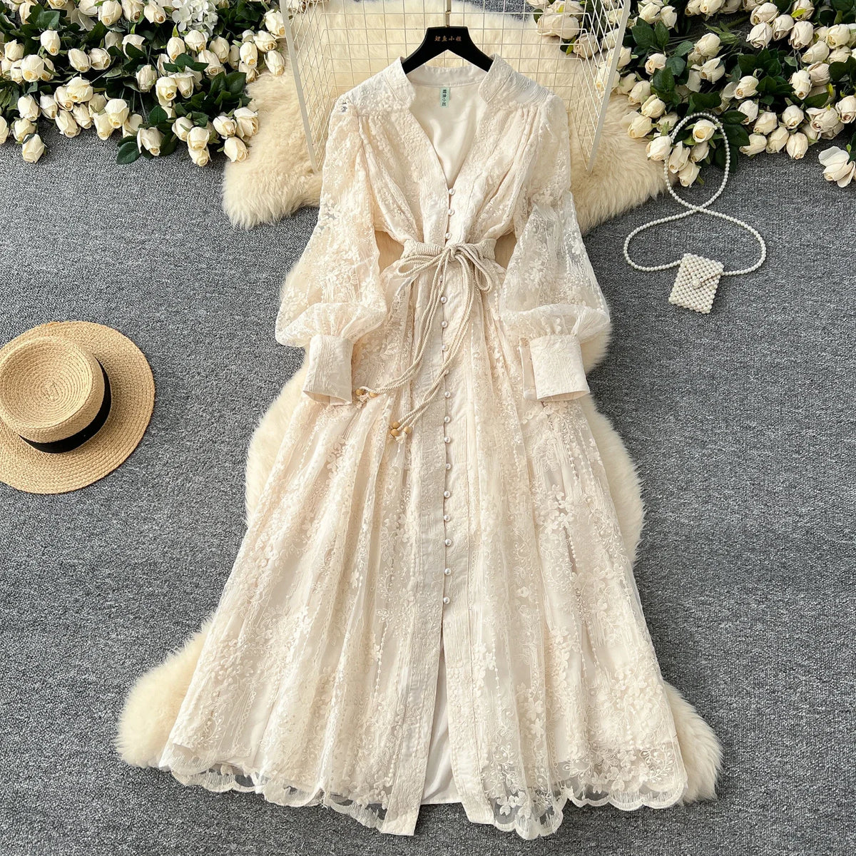 Mesh Drawstring V-Neck Print Dress
