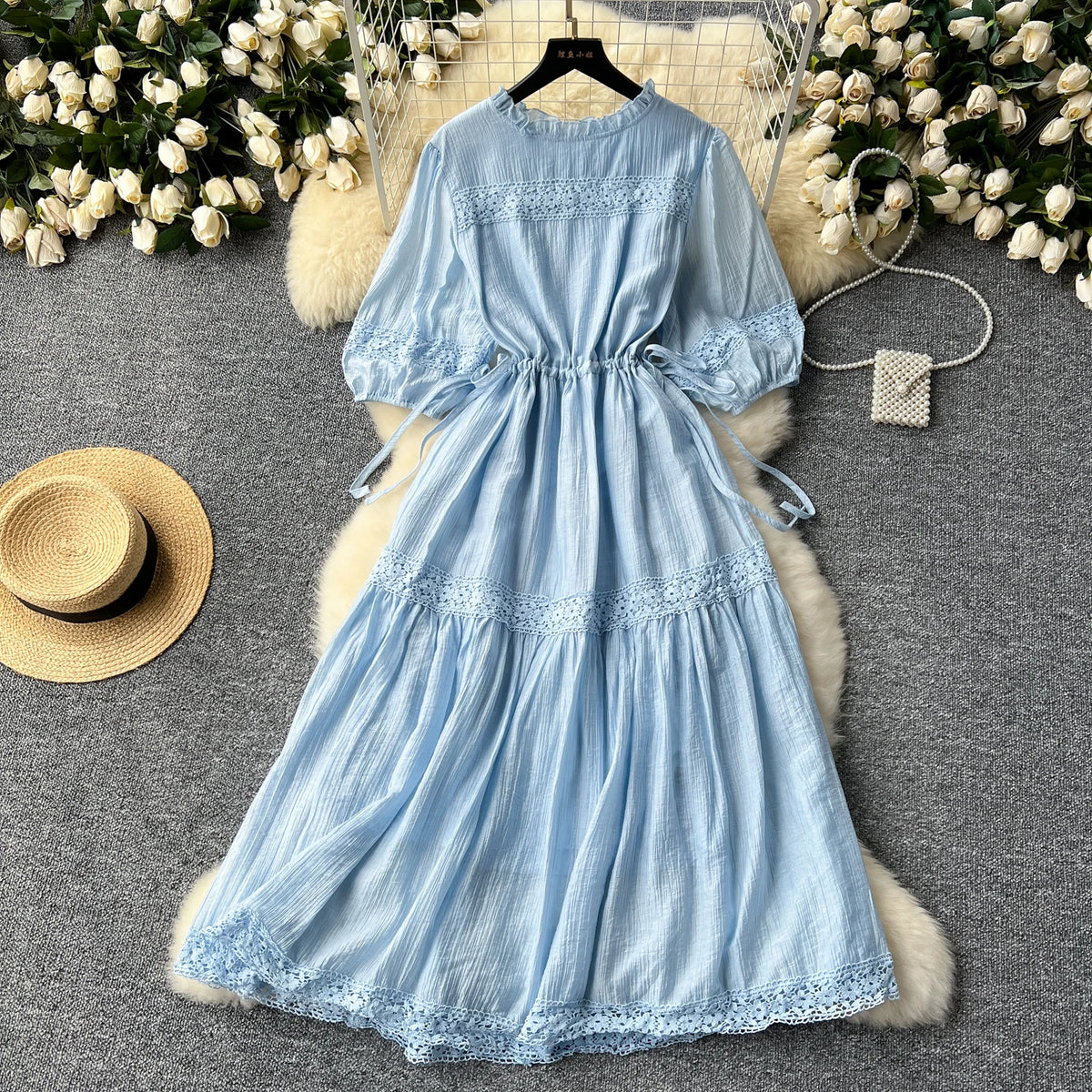 Lace Ruffle Lantern Sleeve Chiffon Dress