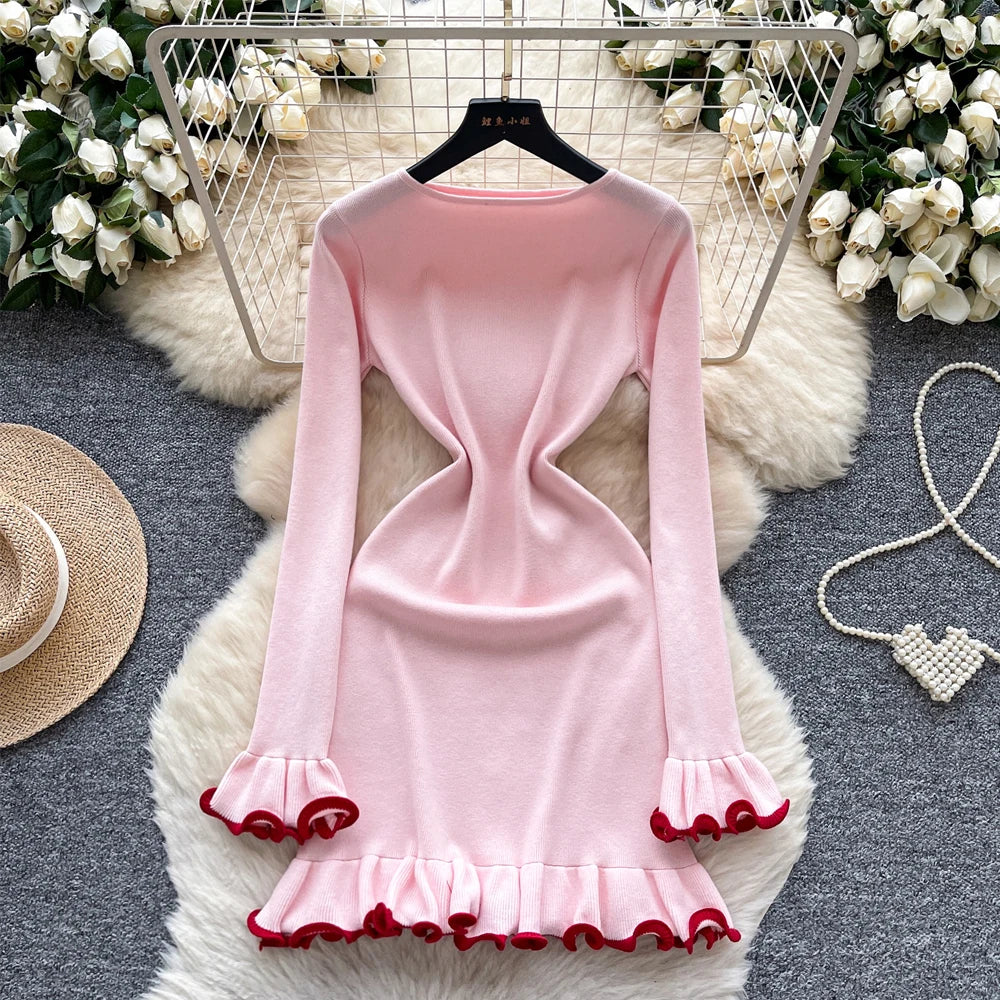 Coffee Ruffled Knit Bodycon Mini Dress