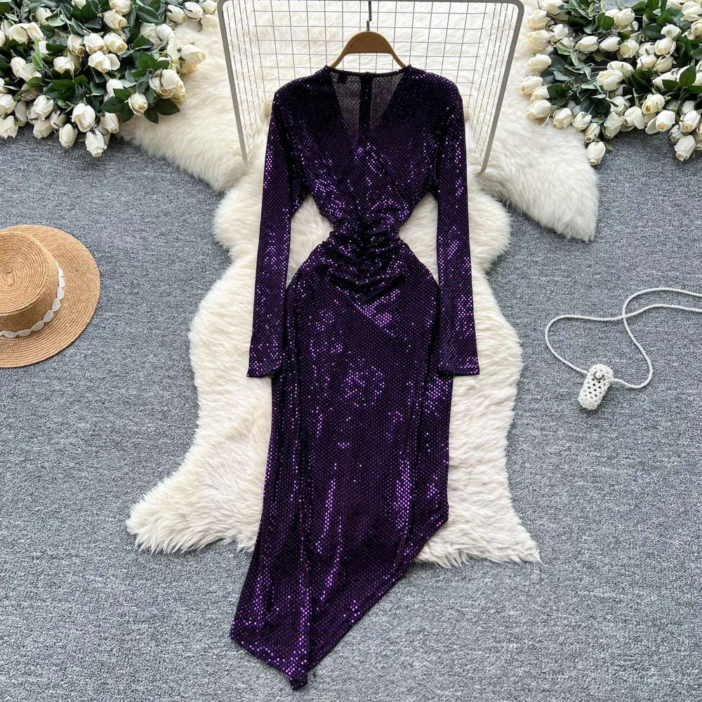 Sequin Asymmetric Long Sleeve A-Line Dress