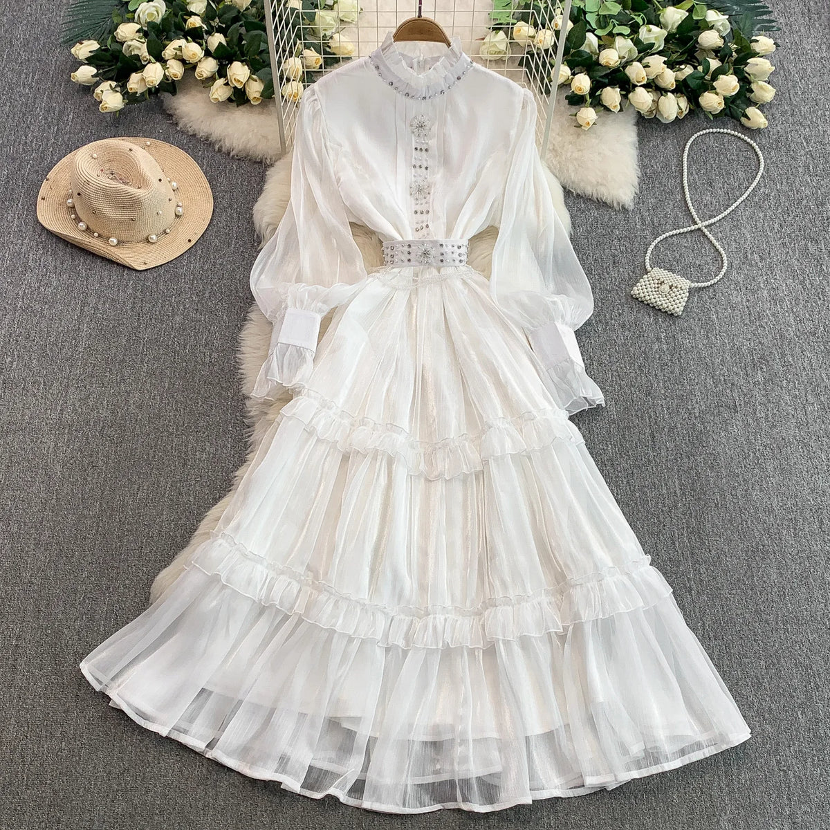 Rhinestone Mesh Long Sleeve Dress
