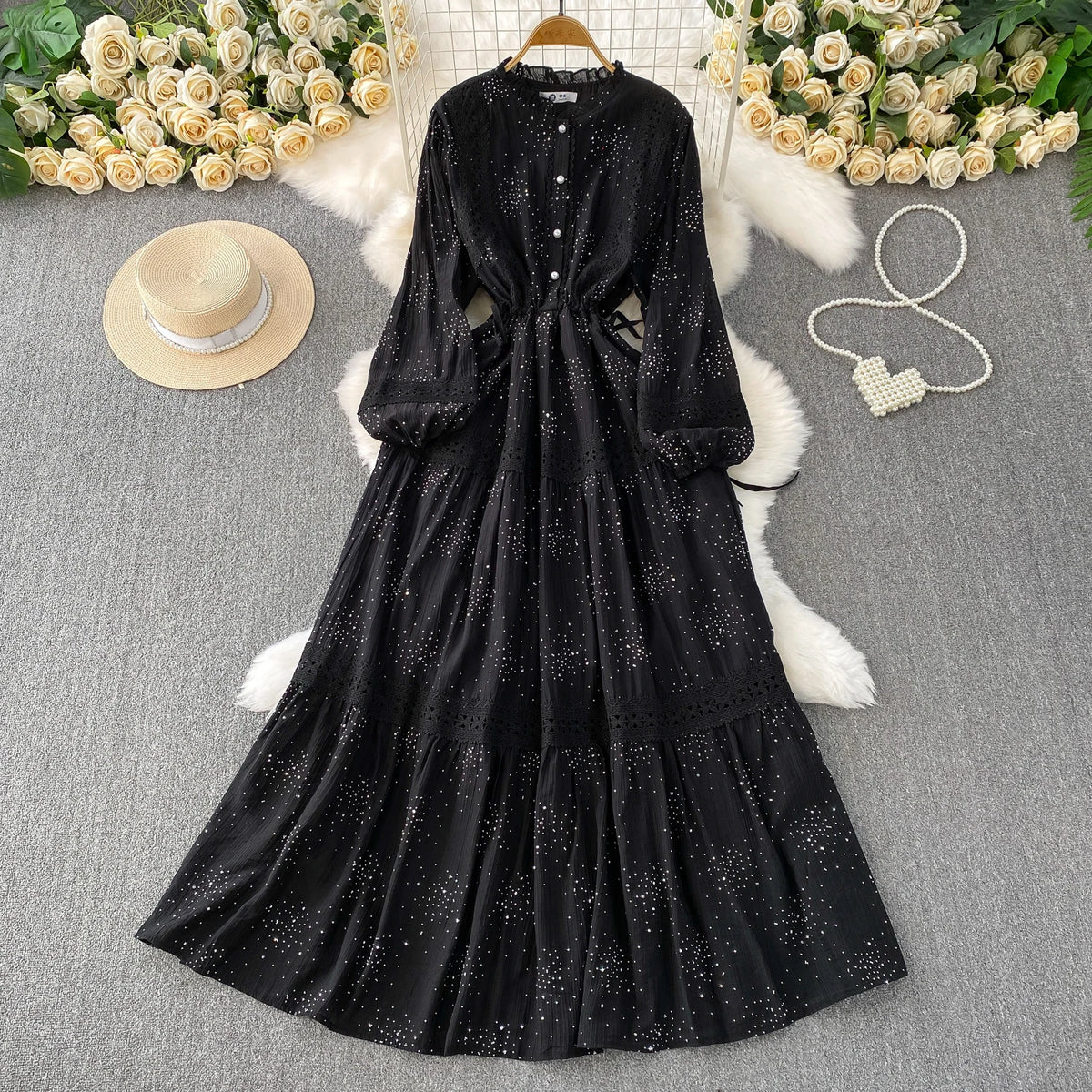 Lace Drawstring Ruched Boho Long Dress