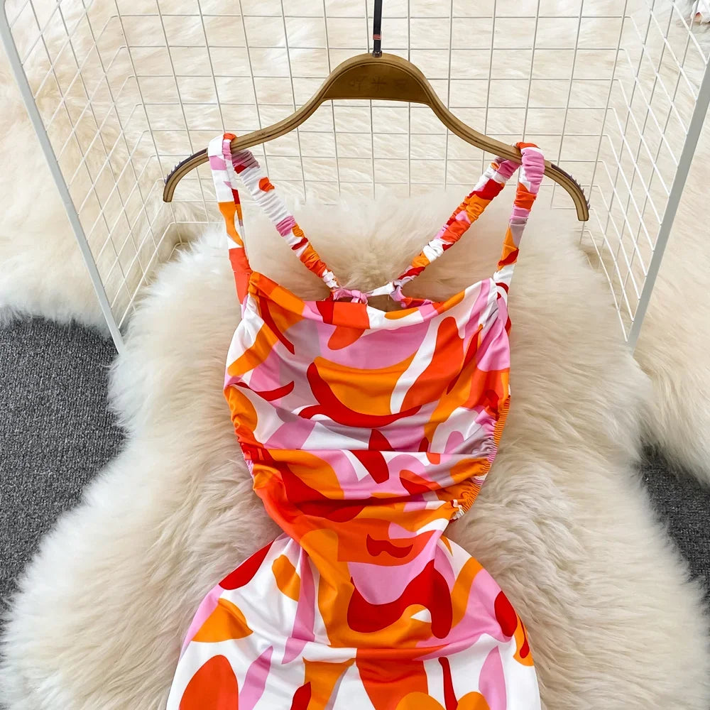 Print Lace Split Slip Dress