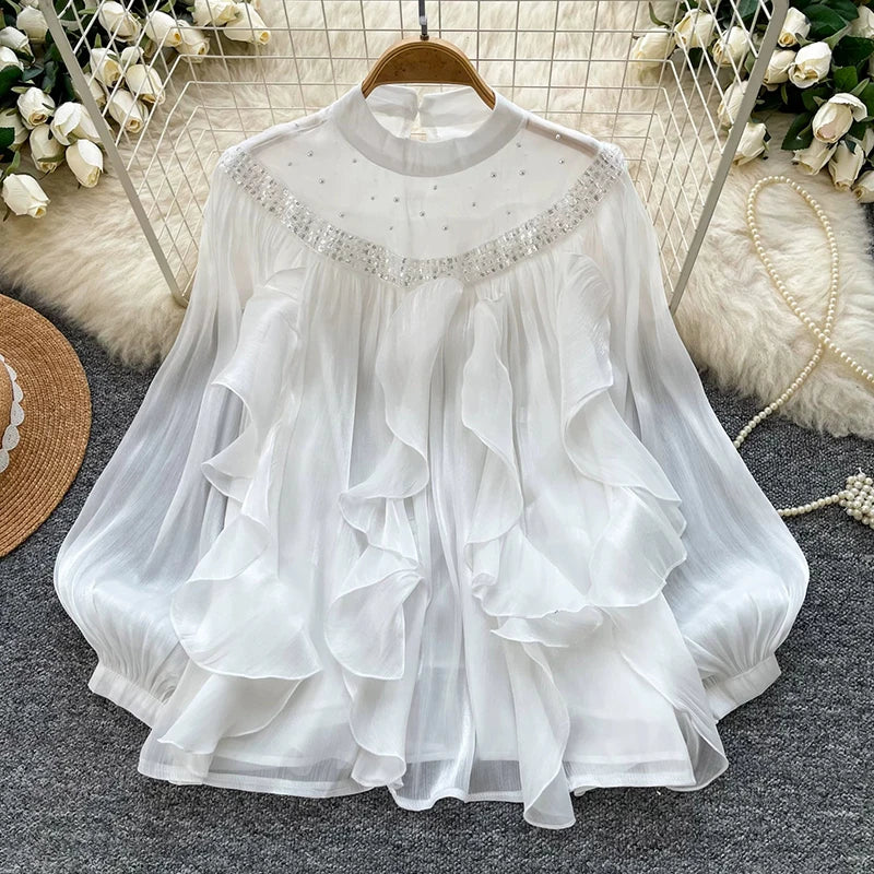 Lace Panel Ruffle Pullover Blouse