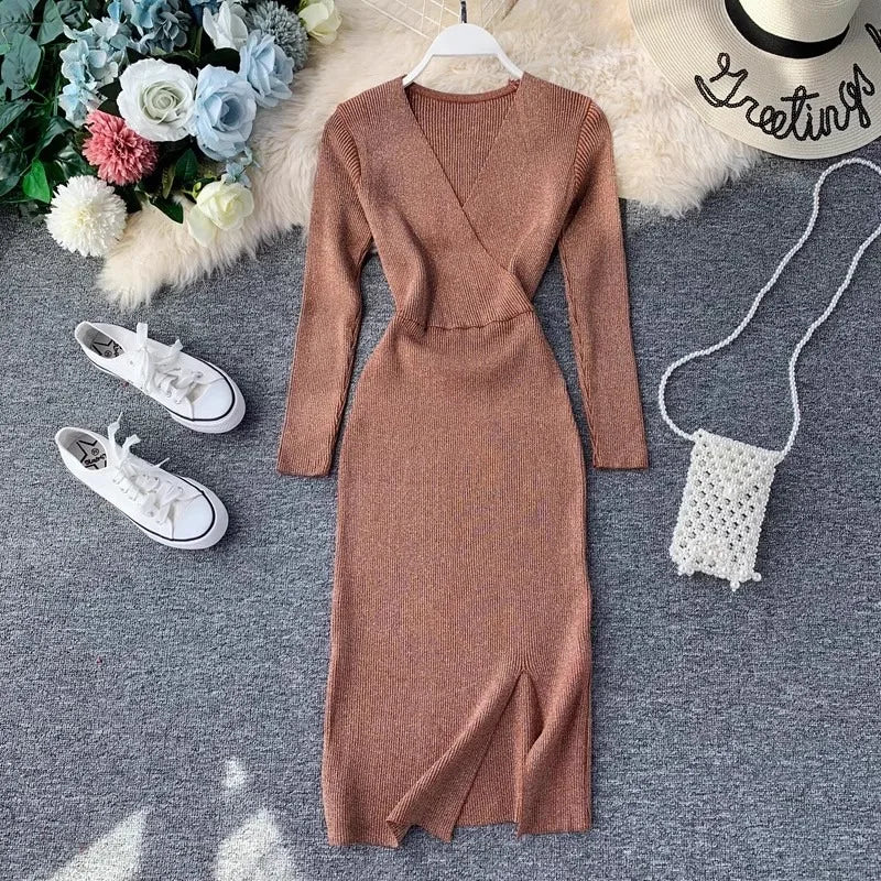 Metallic V-Neck Knit Sweater Dress