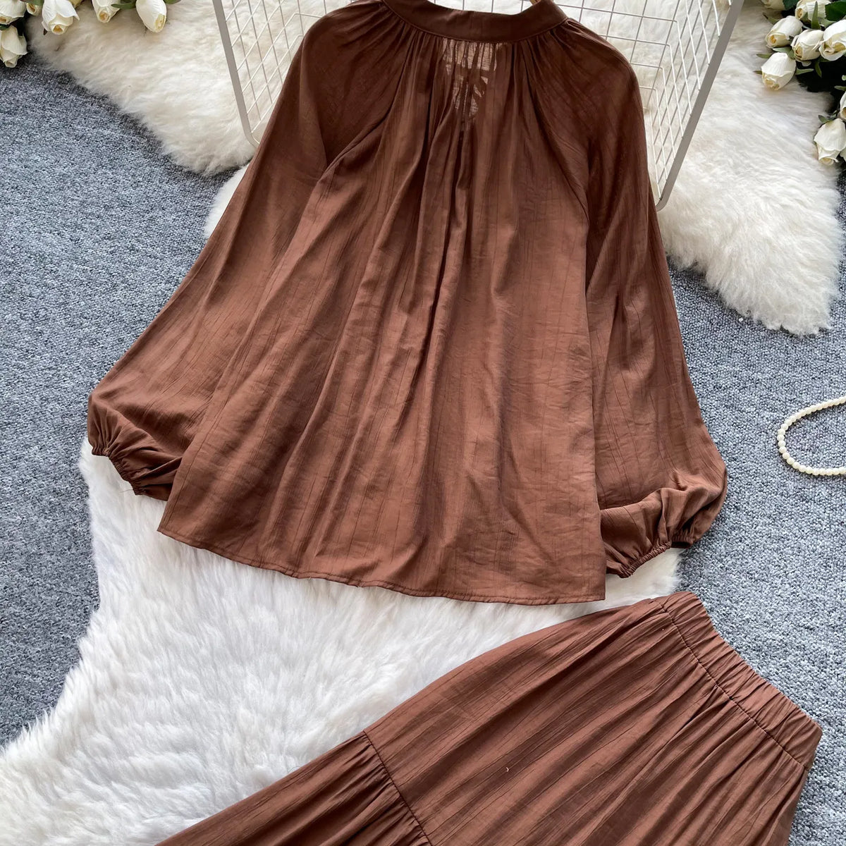 Tie Front Shirt and A-Line Skirt Set