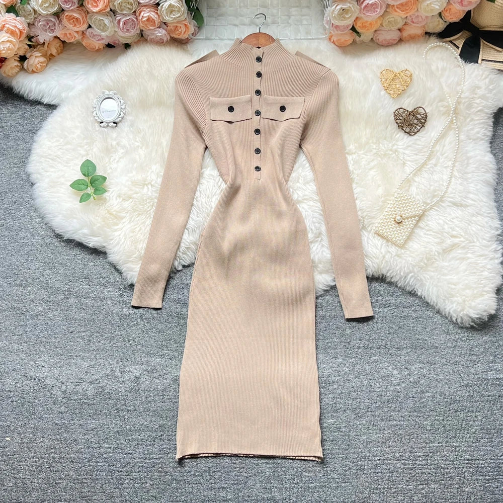 Turtleneck Button Knit Bodycon Sweater Dress